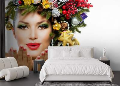 Christmas Woman. Christmas Holiday Hairstyle and Makeup Wall mural