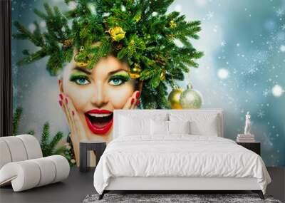 Christmas Woman. Christmas Holiday Hairstyle and Makeup Wall mural