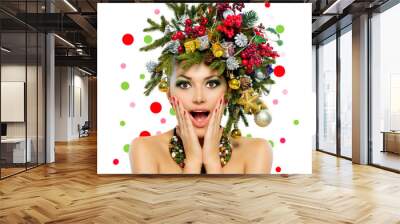 Christmas Woman. Christmas Tree Holiday Hairstyle and Make up Wall mural