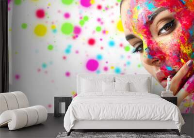 Fashion Model Girl colorful face paint. Beauty fashion art portrait, beautiful woman with painting smears, abstract makeup. Vivid paint make-up, bright colors. Multicolor creative make-up. Painter Wall mural