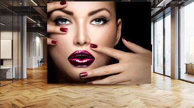 Fashion model girl face, beauty woman makeup and manicure Wall mural