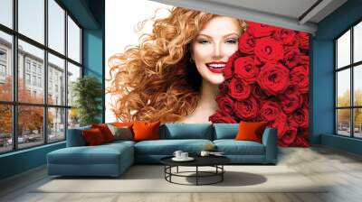 Fashion model girl with blowing red permed hair Wall mural