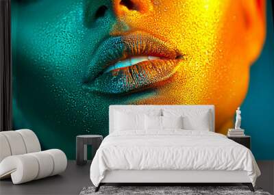 Fashion model woman face in bright sparkles, colorful neon lights, beautiful sexy girl lips. Trendy glowing gold skin make-up. Glitter metallic shine makeup Wall mural