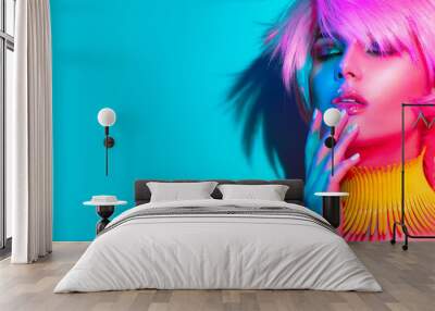 Fashion model woman in colorful bright lights, portrait of beautiful party girl with trendy make-up, manicure and haircut. Art design of disco dancer, colorful make up. Over colourful vivid background Wall mural