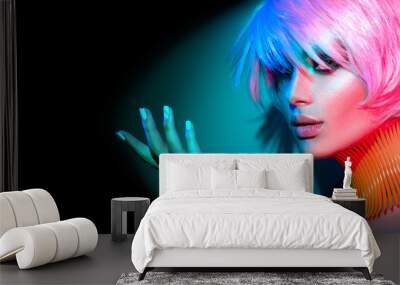 fashion model woman in colorful bright lights, portrait of beautiful party girl with trendy makeup,  Wall mural