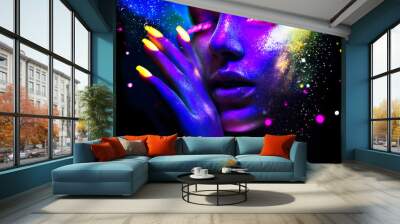 Fashion woman in neon light, portrait of beauty model with fluorescent makeup Wall mural