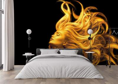 Gold Woman. Beauty fashion model girl with Golden make up, Long hair on black background. Gold glowing skin and fluttering hair. Metallic, glance Fashion art portrait, Hairstyle. Fashion art design Wall mural