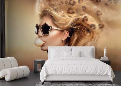 High fashion model girl portrait wearing sunglasses Wall mural