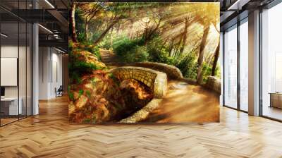 Mystical Park. Old Trees and Ancient Stone Bridge. Pathway Wall mural