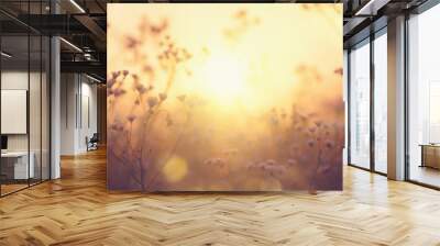 Nature backdrop. Beautiful Meadow with wild flowers over sunset sky. Beauty nature field background with sun flare. Easter nature backdrop. Bokeh, Silhouettes of wild grass and flowers Wall mural