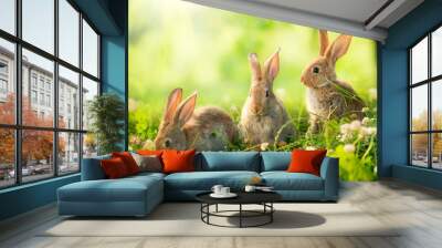 Rabbits. Art Design of Cute Little Easter Bunnies in the Meadow. Wall mural