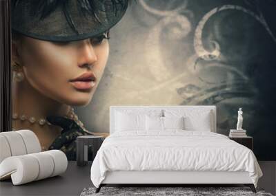 Retro woman portrait. Vintage style girl wearing old fashioned hat Wall mural