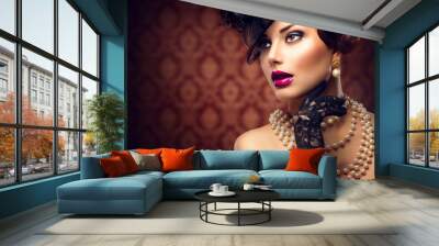 Retro Woman. Vintage Styled Girl with Retro Hairstyle and Makeup Wall mural