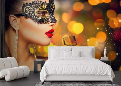 Sexy model woman wearing carnival mask with glass of champagne Wall mural