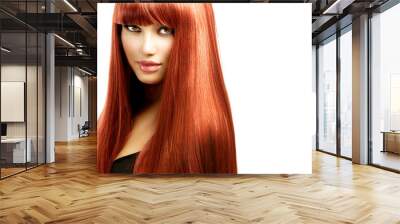 sexy woman with long shiny straight red hair isolated on white Wall mural