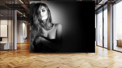 Sexy young woman black and white portrait. Seductive young woman with long hair posing in spotlight. Wide angle Wall mural