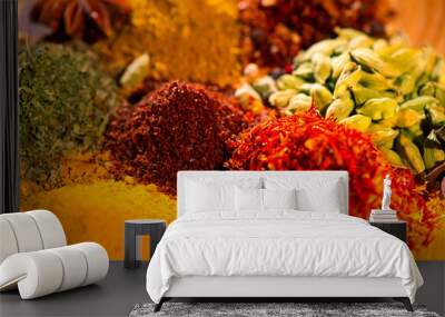 Spice. Various indian spices and herbs colorful background. Assortment of seasonings, condiments Wall mural