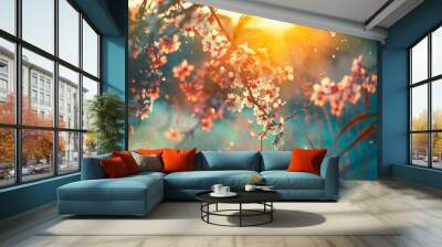 Spring blossom background. Nature scene with blooming tree and sun flare. Spring flowers. Beautiful orchard Wall mural