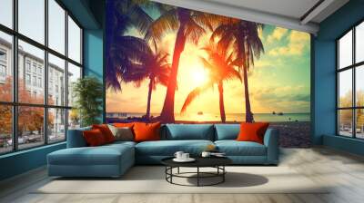 Sunset beach with palm trees and beautiful sky. Paradise scene of Caribbean Island Wall mural