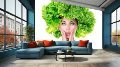 Surprised girl with green Lettuce hairstyle. Dieting concept Wall mural