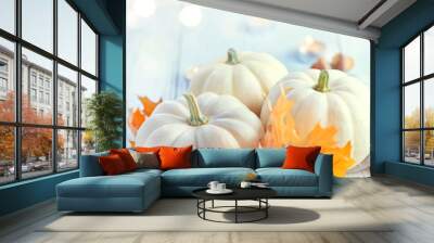 Thanksgiving background. Holiday scene. Wooden table, decorated with pumpkins, autumn leaves and candles Wall mural