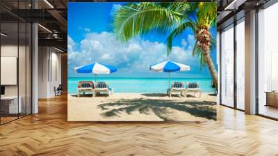 Vacation and Tourism concept. Sunbeds on the paradise beach Wall mural