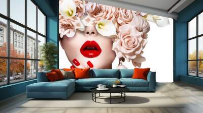 Vogue style model girl face with roses. Red Sexy Lips and Nails. Wall mural