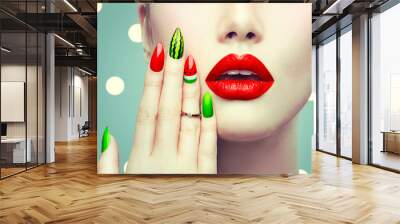 Watermelon nail art and makeup closeup over polka dots background Wall mural