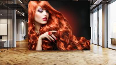 Wavy Red Hair. Fashion Girl Portrait Wall mural