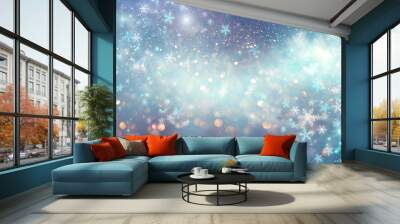 Winter Christmas and New Year glittering snow flakes swirl bokeh background, backdrop with sparkling blue stars, holiday garland, magic glowing stars, lights. Abstract Glitter Blinking sparks Wall mural