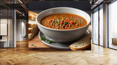  a bowl of lentil soup with bread and red peppercorns. Wall mural