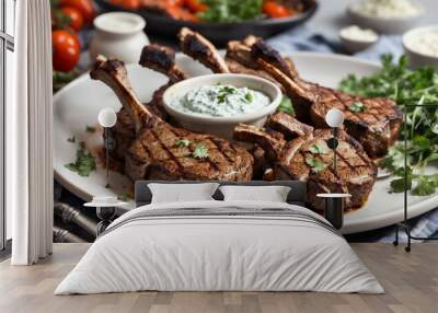 grilled lamb chops with a creamy sauce and red peppers. Wall mural