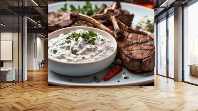 grilled lamb chops with a creamy sauce and red peppers. Wall mural