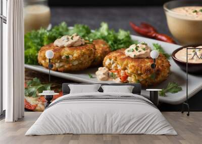 Two crab cakes on a plate  Wall mural