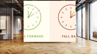 . Set of clocks with text fall back, spring forward. Wall mural