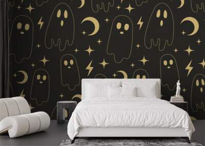 Halloween seamless pattern with ghosts, moon, stars. Gold lines and fill on a black background. Wall mural