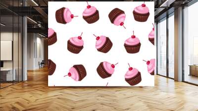 Seamless vector pattern of chocolate cupcake with buttercream frosting and cherry. Wall mural