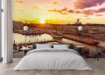 Allas Sea Pool sauna, Market Square and Helsinki Cathedral at sunset. Wall mural