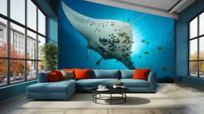 Black and white reef manta ray flying around a cleaning station in cristal blue water Wall mural