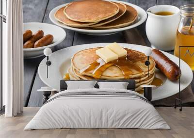 Studio shot of pancakes and sausage with butter and honey Wall mural