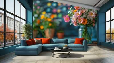 A bouquet of pink and orange wildflowers in a glass vase Wall mural