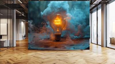 Glowing Lightbulb in Smoke Wall mural