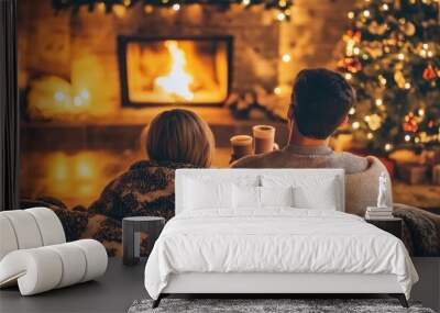 A couple enjoying a cozy moment together in front of a glowing fireplace, wrapped in blankets, with a twinkling Christmas tree in the background, creating a warm holiday ambiance Wall mural