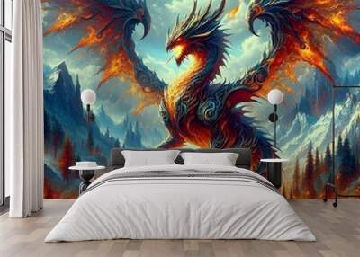 landscape with dragon flying fire wing beautiful fantasy Wall mural