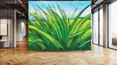 Colorful pastel artwork depicting tall green grass under a bright blue sky, conveying a sense of freshness and nature. Wall mural