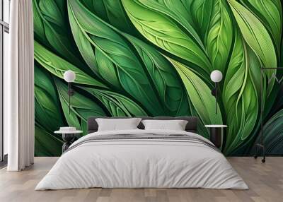 Intricate abstract pattern resembling green leaves, featuring a flowing, layered design with a textured, natural appearance. Wall mural