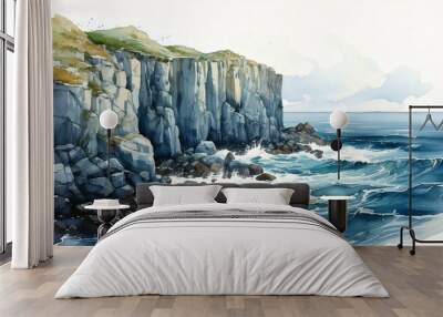 Serene watercolor painting depicting towering coastal cliffs and ocean waves crashing against rocks, with a calm sky in the background. Wall mural