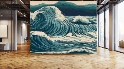 Abstract blue brush stroke texture with Japanese ocean wave pattern in vintage style Wall mural