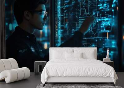 Man using a holographic interface in a futuristic server room, surrounded by digital data visuals. Wall mural