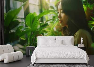 Tranquil Asian woman tending to her lush indoor plant collection, exuding a peaceful and nurturing atmosphere Wall mural